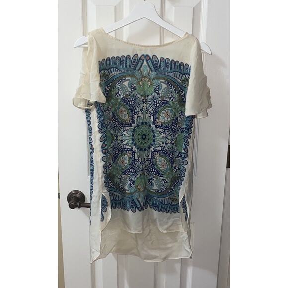 Anthropologie Maeve White 100% Silk Split Sleeve Mandala Print Blouse Top Sz M - Picture 2 of 11